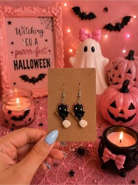 Cute Black Cat on Broomstick Earrings - Pink Accents